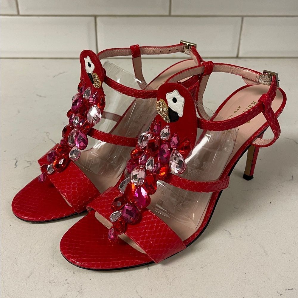 Kate Spade Parrot Shoes (IDALOU ) Size 7.5 Red Snake Skin Ankle Strap Heels